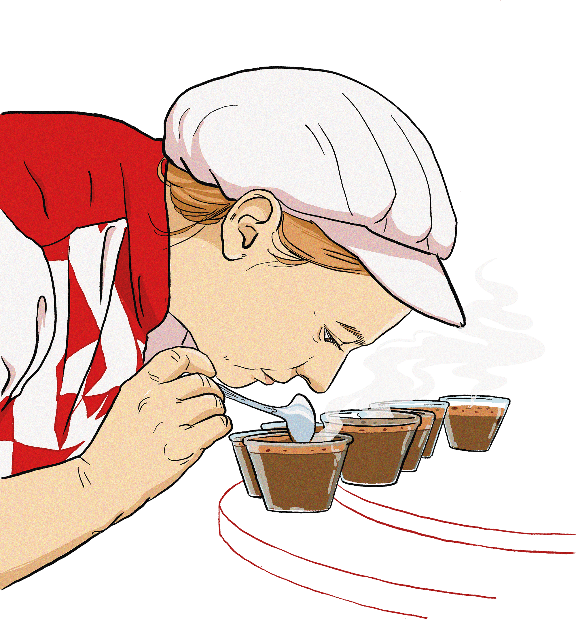 The ritual is repeated in the morning and in the afternoon. Every day, coffee is tasted in the laboratory at the Delta factory.