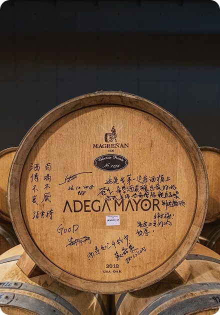 Barrica de carvalho da Adega Mayor em primeiro plano, vista de frente, com o logótipo da adega e a inscrição “MAGREAN Selection Reserve” gravados na madeira, rodeados por várias mensagens e assinaturas manuscritas em tinta preta e algumas palavras em inglês e caracteres asiáticos; ao fundo veem‑se outras barricas desfocadas num ambiente de cave de vinhos.